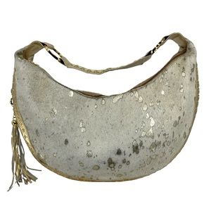 Junior Drake Gold Metallic Foil Calf Hair Studded Leather Shoulder Bag Hobo Tote